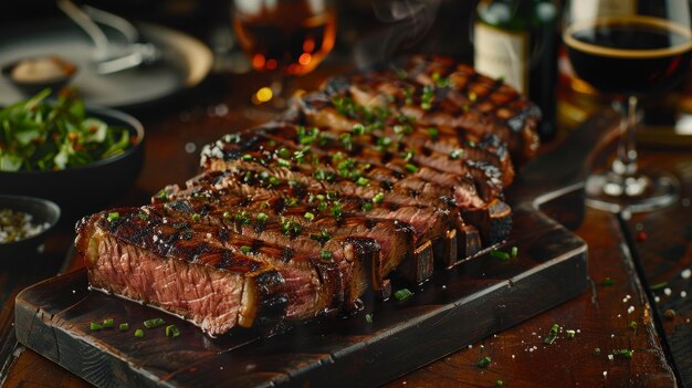 Foto steak de carne de res tomahawk fresco y jugoso en una tabla de corte de madera rústica para parrilla y barbacoa