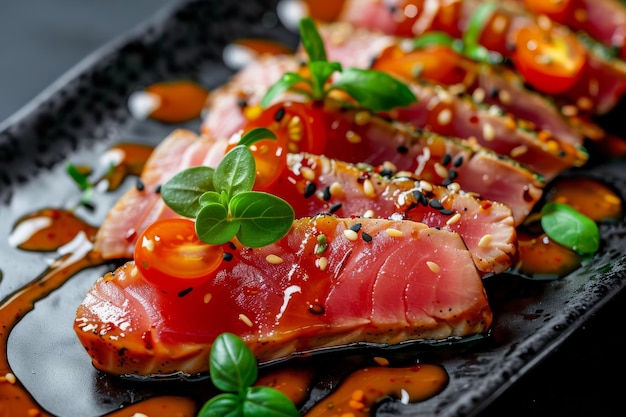 Foto steak de atum ahi em fatias carpaccio de peixe vermelho ligeiramente assado com molho de mostarda de mel