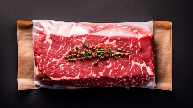 Steak de carne de bovino marmorizado em estado bruto, embalado ao vácuo