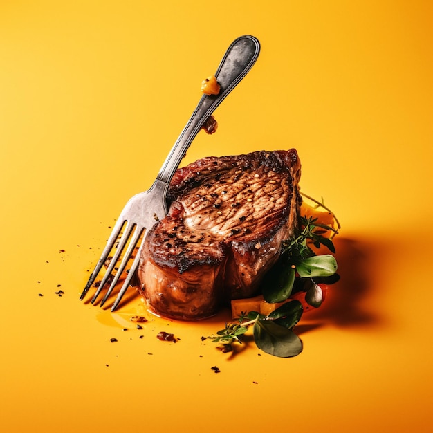 Steak deliciosamente grelhado com um garfo em um prato Imagem de estoque facilmente acessível com IA gerativa