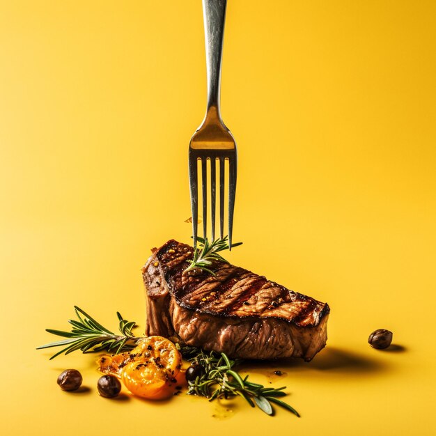 Steak deliciosamente suculento com um garfo em um prato Imagem de estoque de fácil acesso alimentada por IA generativa