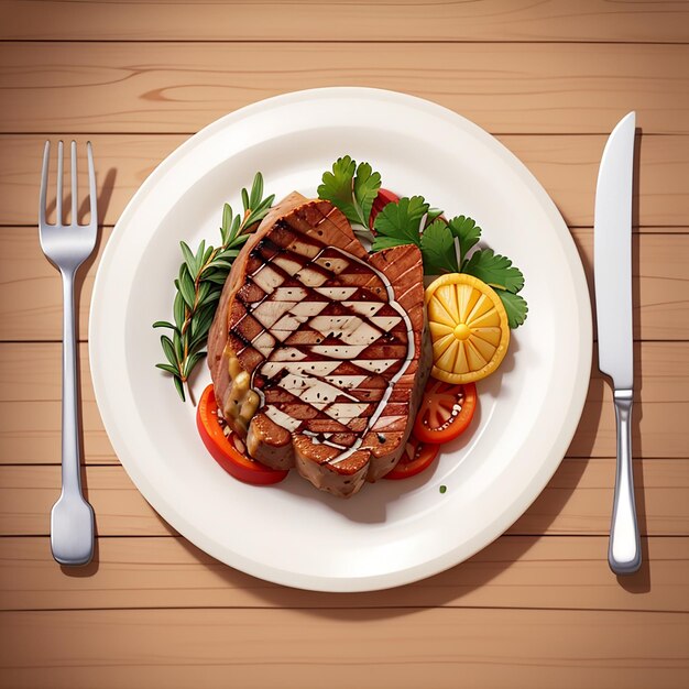 Foto steak food on plate con cuchillo y tenedor icono vectorial de dibujos animados ilustración icono de desayuno concepto vector premium aislado