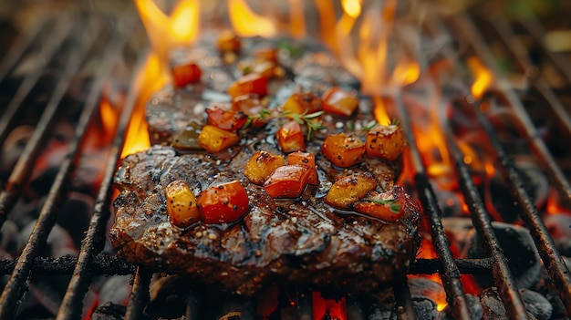 Steak grelhado cozinhando com legumes
