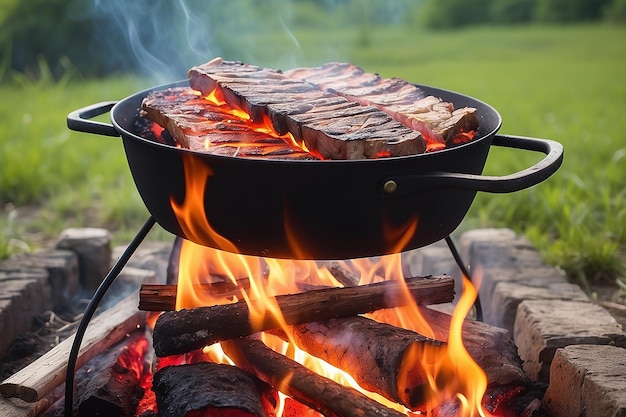 Steak im Feuer mit Naturhintergrund
