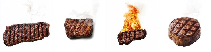 Steak jugoso chisporroteando en la barbacoa mostrando deliciosas marcas de parrilla y humo