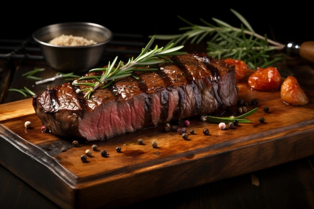 Steak mit Rosmarin und Gewürzen auf dunklem Hintergrund