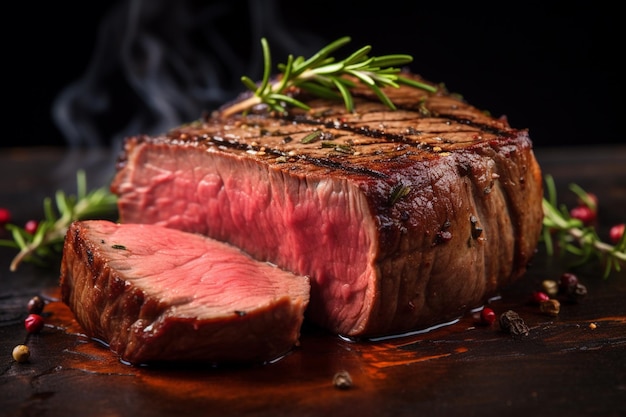 Steak mit Rosmarinscheiben, seltenes Fleisch, frisches Gourmet-Abendessen