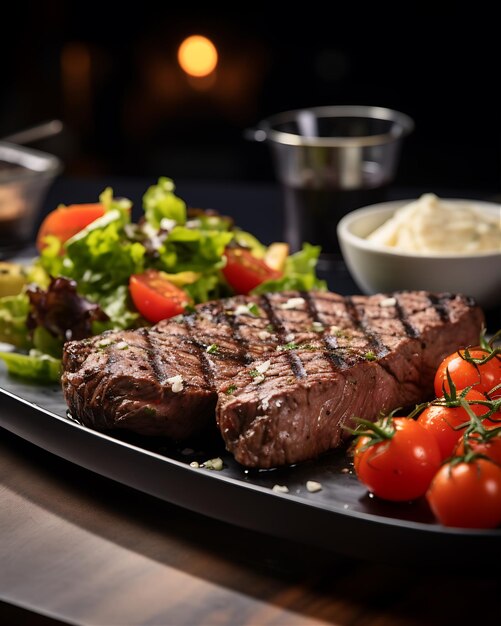 Foto steak, pão, tomate, salada de carne