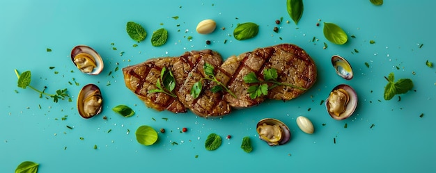 Steak a la parrilla adornado con hierbas frescas y nueces en fondo de teal Concepto de comida gourmet