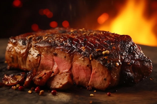 Steak a la parrilla jugoso cocinado raro sobre el fuego generado