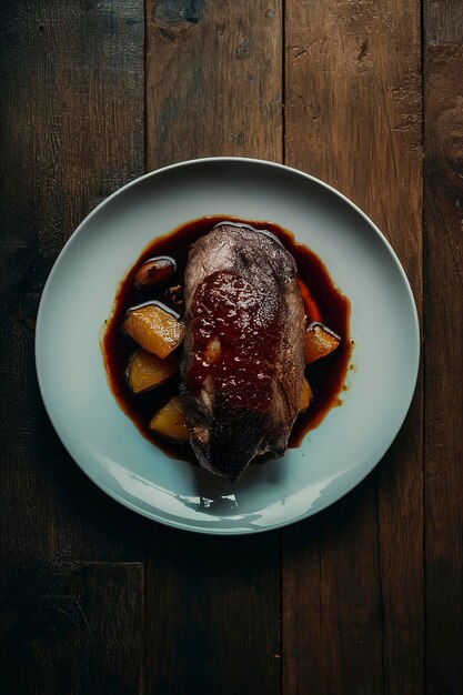 Foto steak de pecho de pato jugoso con frutas caramelizadas y salsa de naranja en un suelo de madera oscura