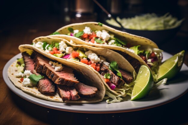 Steak-Tacos mit Cilantrolime-Salat und Avocadoscheiben