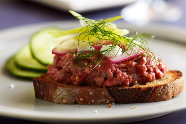 Foto steak tartar de ternera sobre tostadas de verdura y verduras ai generated