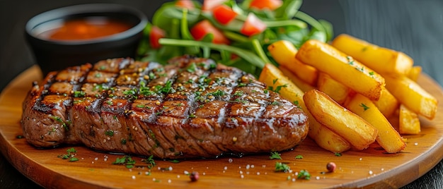 Steak und Pommes Frites auf einem Holzteller