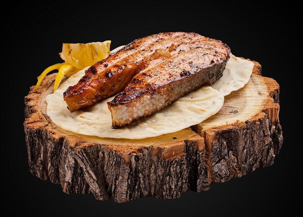 Steak vom Lachs auf einer Holzscheibe