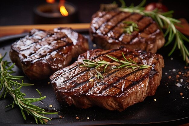 Steaks auf einem Grill mit einem Feuer im Hintergrund