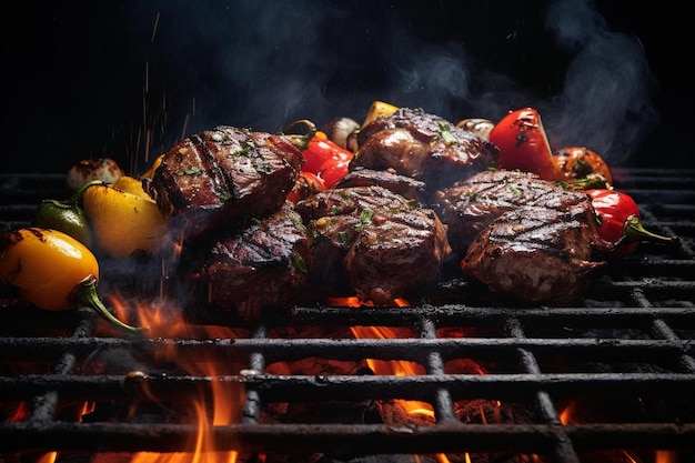 Steaks cozinhando em uma grelha com um fogo