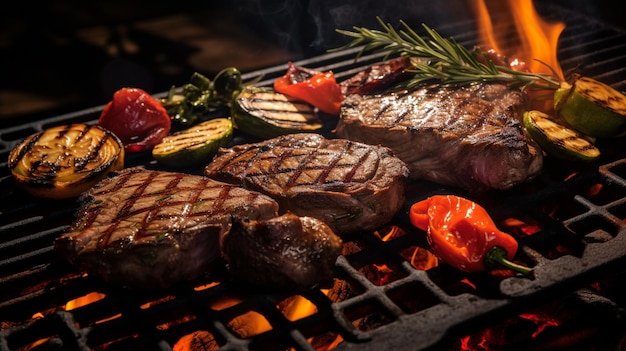 Steaks kochen auf einem brennenden Grill panoramaAIGenerative KI