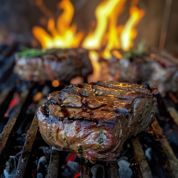 Foto steaks kochen auf einem grill mit einem feuer dahinter