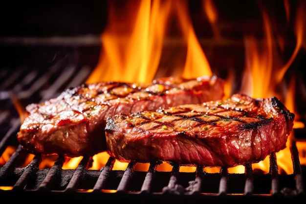 Steaks kochen auf einem Grill mit Flammen