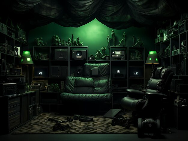 Foto stealth game room boys com camuflagem netting spy gadgets uma ilustração trending decor de fundo.