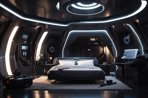 Foto stealthy spy lair craft um quarto futurista com aparelhos de agentes secretos