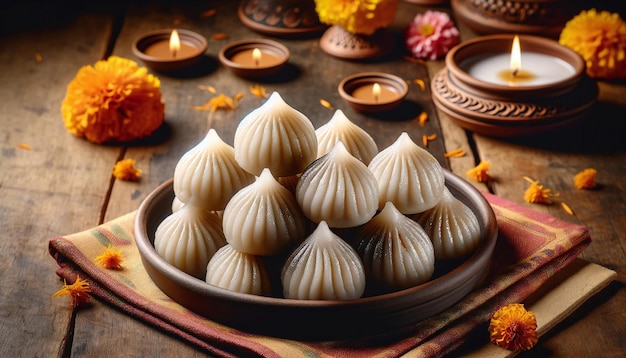 Steamed Modak ist eine traditionelle indische Süßigkeit mit Reismehl und Kokosnuss-Jagger-Füllung