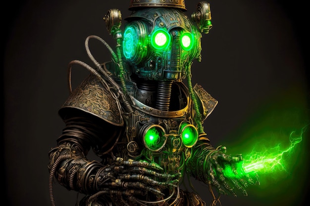 Steampunk android robô ladrão com olhos verdes brilhantes e lanterna generativa ai