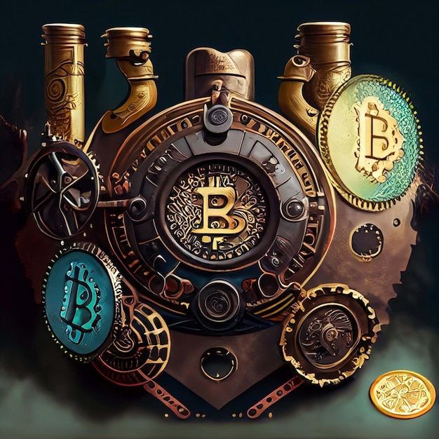 Steampunk-Bitcoin-Kryptomünzen, Geld, Finanzen, Gewinne, Gold-Banking