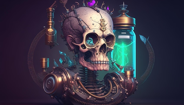 Steampunk cráneo científico ilustración de arte digital IA generativa