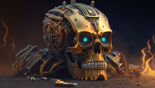 Steampunk cráneo robot arte digital ilustración IA generativa