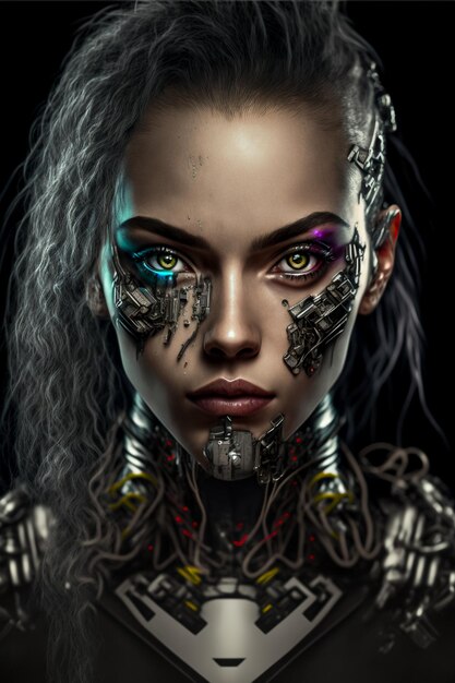 Foto steampunk cyber siren gas masked female robot em neon lights ai gerado