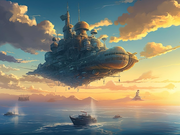 Steampunk fantasia ilustração arte paisagem pastel quadrado nuvens levitação jogo cena futurista
