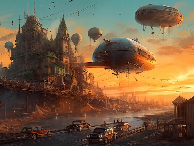 Steampunk fantasía ilustración arte paisaje pastel cuadrado nubes levitación juego escena futurista