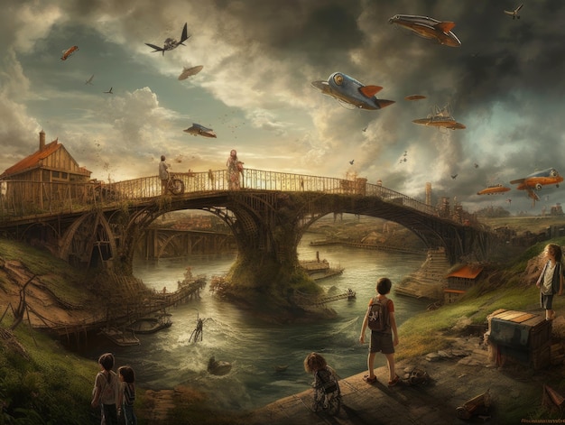 Steampunk fantasía ilustración arte paisaje pastel cuadrado nubes levitación juego escena futurista