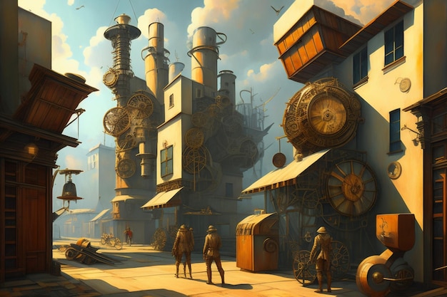 steampunk futurista metaverso retro rústico ciudad