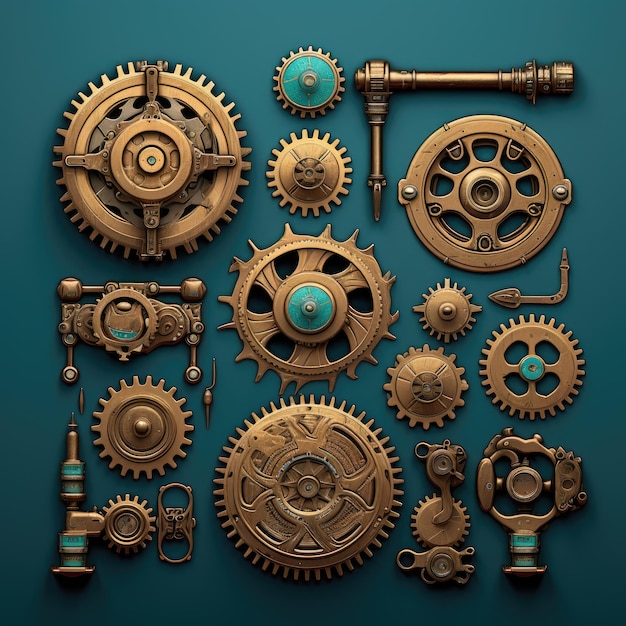 Steampunk Gear Assets Engrenagens industriais de bronze em fundo ciano