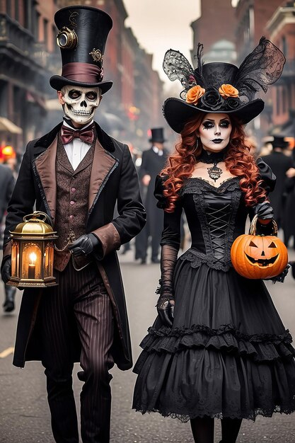 Steampunk-Halloween-Parade mit Charakteren aus der viktorianischen Zeit mit einer gespenstischen Wendung