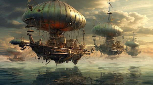 Steampunk-Luftschiffe, die über einem dampfenden Meer segeln