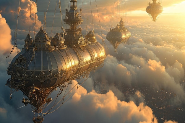 Steampunk-Luftschiffflotte, die durch die Wolken in einer fantastischen 3D-Welt navigiert