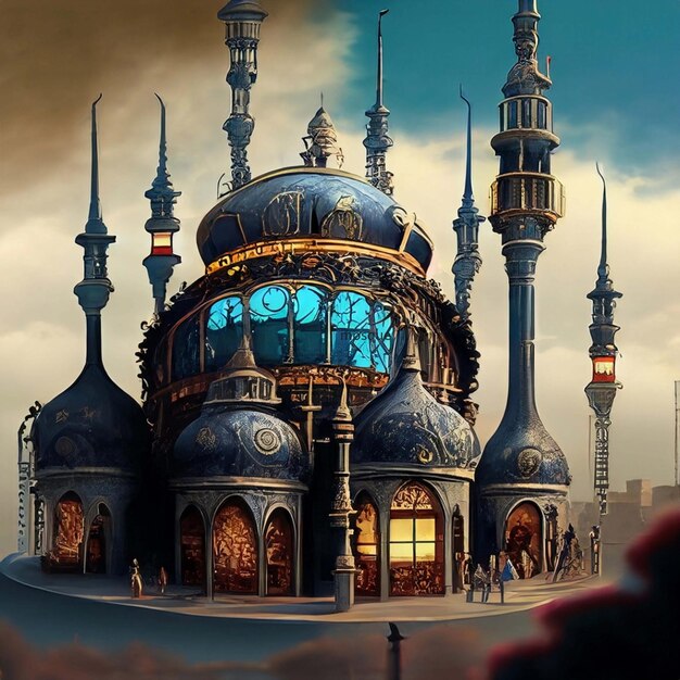 Steampunk Masjid noite escura luzes de neon estrelas planetas galáxia lindo céu noturno com estrelas