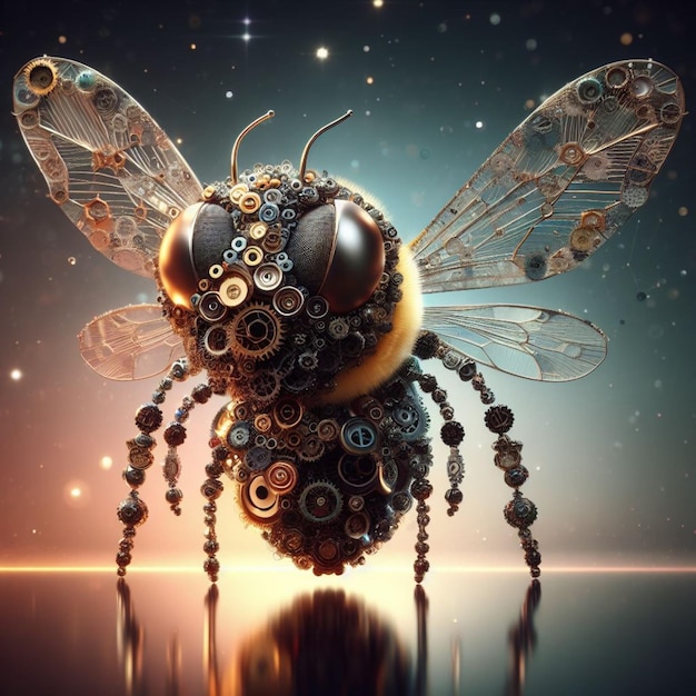 Steampunk mechanische Biene der Zukunft isoliert auf sonnigem Hintergrund mit Farbverlauf