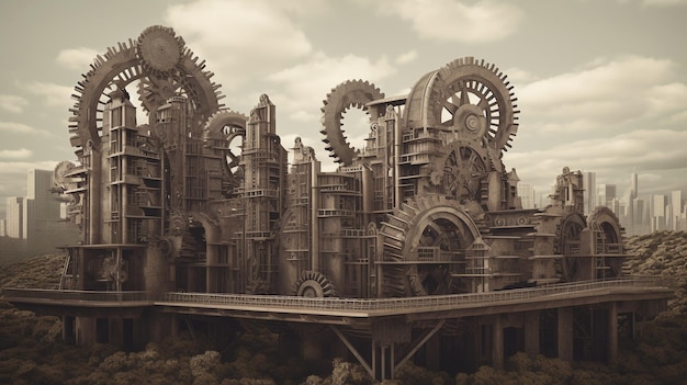 Steampunk Metropolis Un paisaje urbano de ciencia ficción industrial futurista