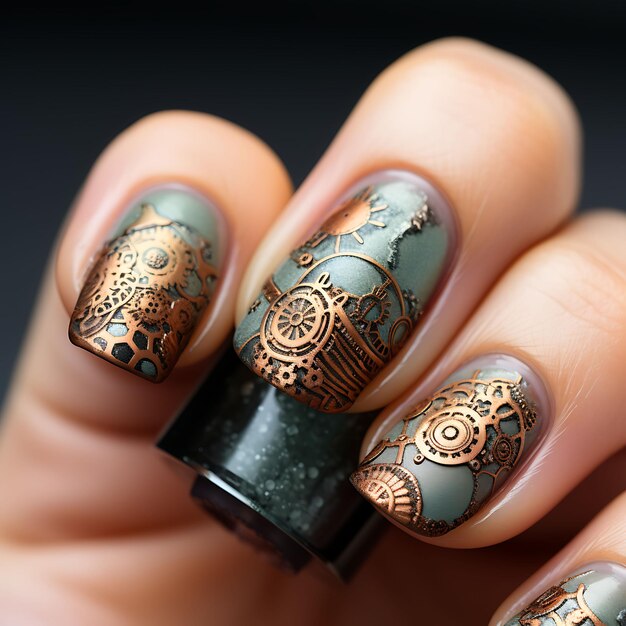 Steampunk Nails Design Rústico e Metálico Cores Steampunk Conceito Idéia Arte Criativa Sessão de fotos