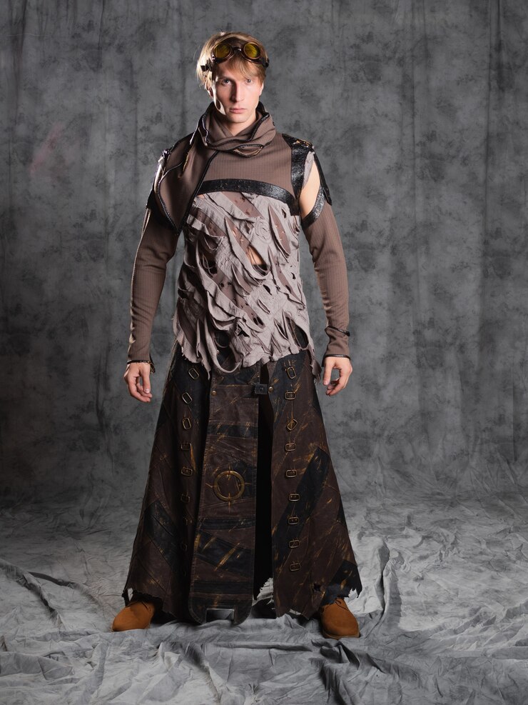 Foto steampunk oder postapokalyptischer charakter, ein junger mann in einem grunge-anzug.