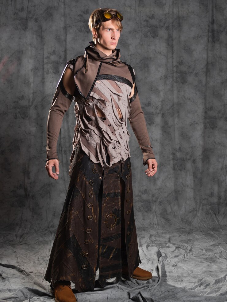 Foto steampunk- oder postapokalyptischer charakter, ein junger mann in einem grunge-anzug