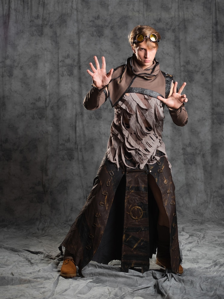 Foto steampunk oder postapokalyptischer charakter, ein junger mann in einem grunge-anzug.