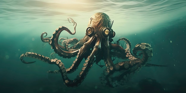 Steampunk-Oktopus mit futuristischen Cyberpunk-Implantaten im Ozean Generative KI