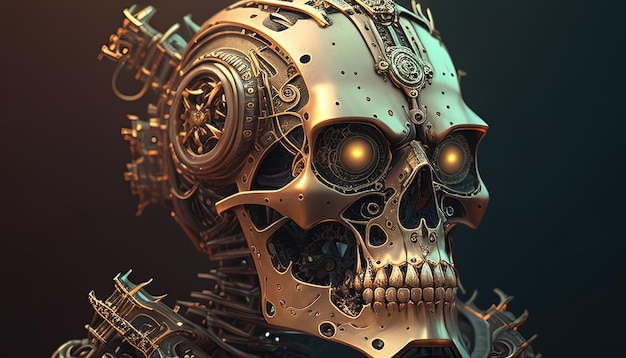 Steampunk-Schädel-Cyborg-Digitalkunstillustration Generative KI