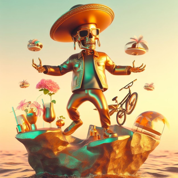 Steampunk-Skater, modischer, cooler DJ, Alien-Mariachi, der bei Sonnenuntergang eine Party auf einer tropischen Insel veranstaltet